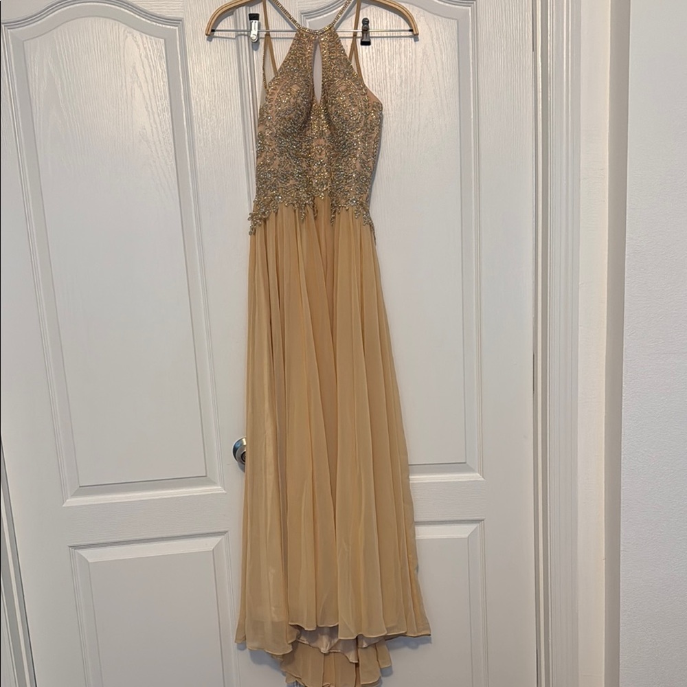 Dave & Johnny Gold Embellished Halter Gown for Prom